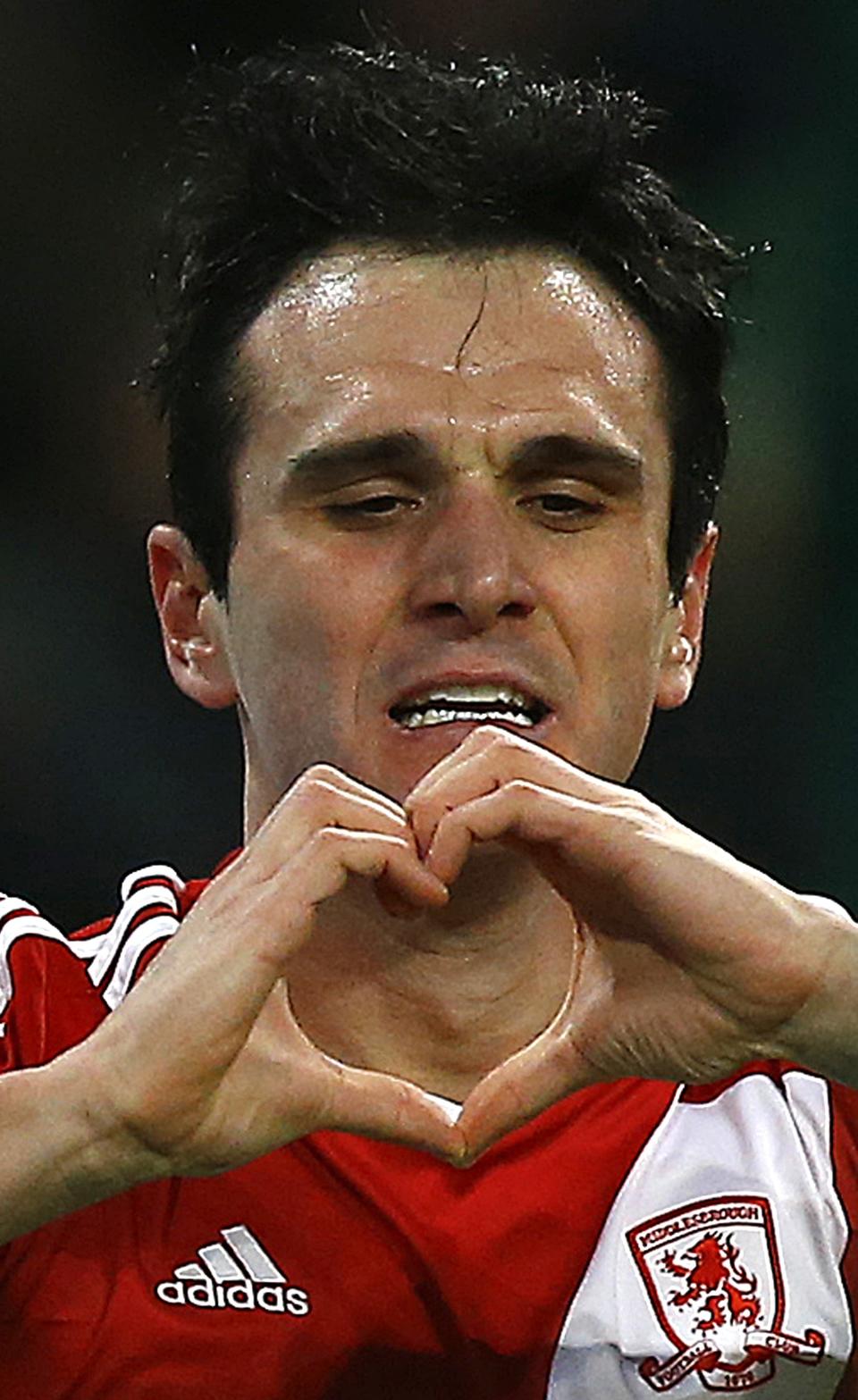 Middlesbrough's Kike celebrates his goal against Manchester City during their English FA Cup 4th round soccer match at the Etihad Stadium in Manchester, northern England, January 24, 2015. REUTERS/Darren Staples (BRITAIN - Tags: SPORT SOCCER)