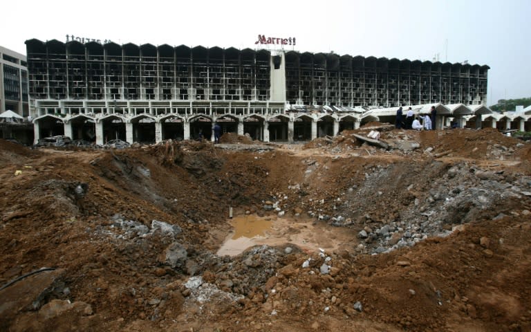 A huge crater left by a bomb blast at the Marriott Hotel in Islamabad on September 22, 2008