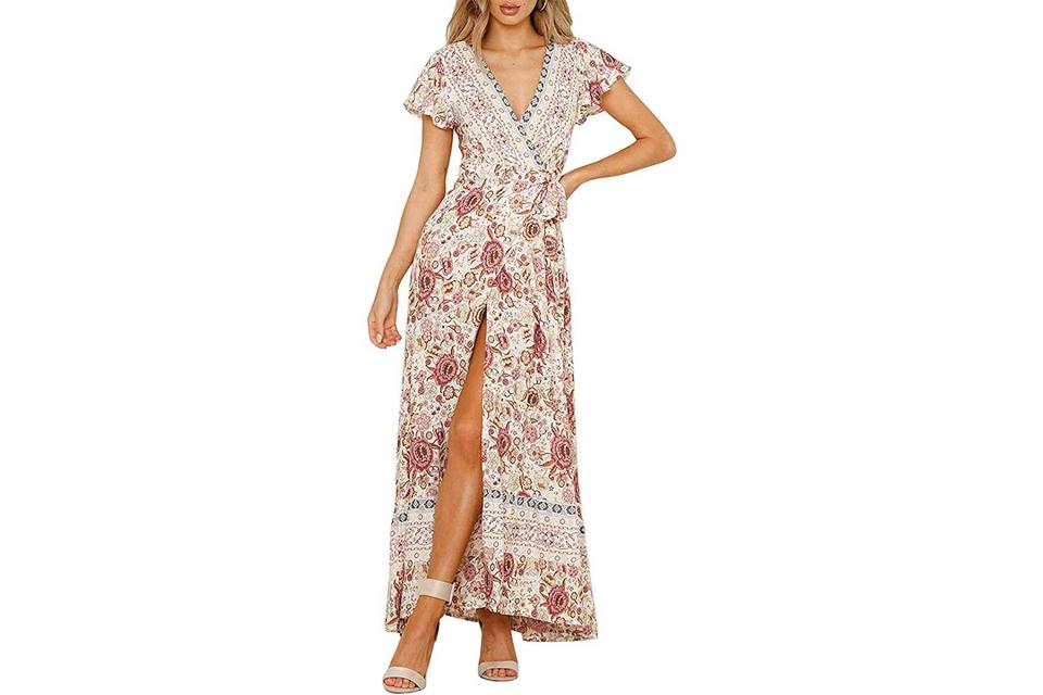 Zesica boho floral wrap dress in off-white and red