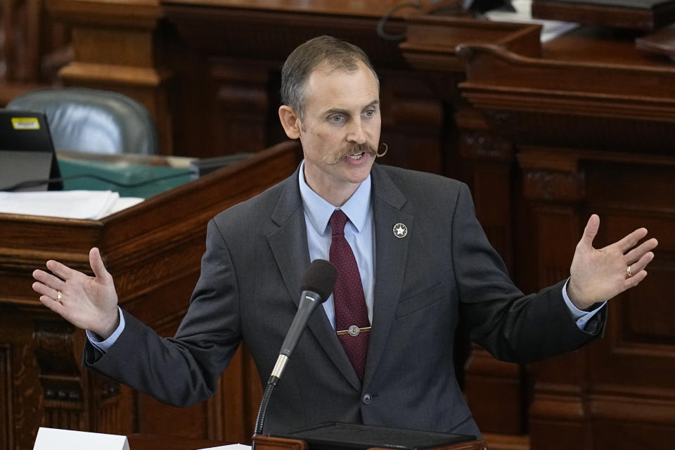 Texas state Rep. Andrew Murr makes closing arguments in the impeachment trial for suspended Texas Attorney General Ken Paxton in the Senate Chamber at the Texas Capitol, Friday, Sept. 15, 2023, in Austin, Texas. (AP Photo/Eric Gay)