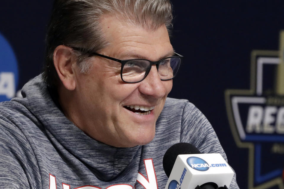 FILE - Connecticut head coach Geno Auriemma laughs as he speaks to the media during a press conference at the NCAA women's college basketball tournament, Saturday, March 30, 2019, in Albany, N.Y. Auriemma says he's less excited than his staff about the prospect of becoming the third coach in Division I college basketball history to reach 1,200 wins. It's a milestone the Hall of Famer could get on Wednesday night, Feb. 7, 2024, when his No. 11 UConn Huskies face Seton Hall in Hartford. (AP Photo/Kathy Willens, File)