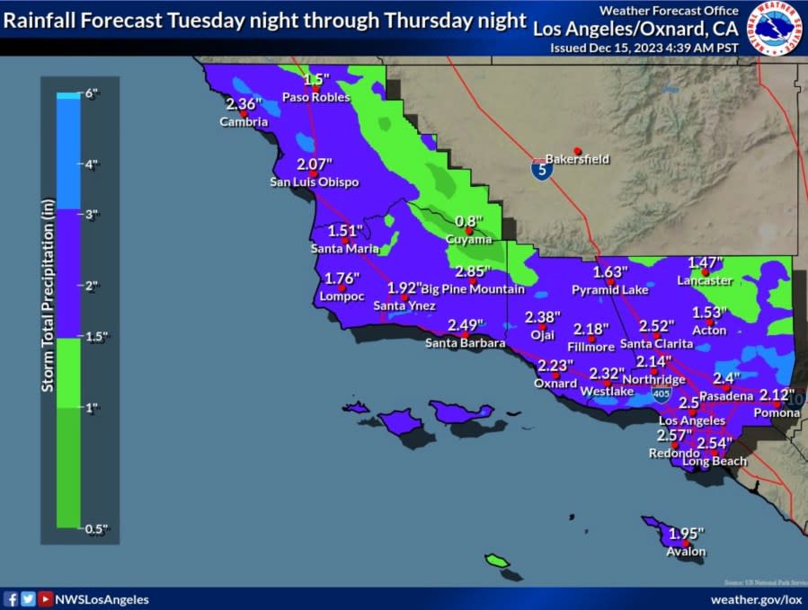 Forecasted rain totals for Tuesday through Thursday.