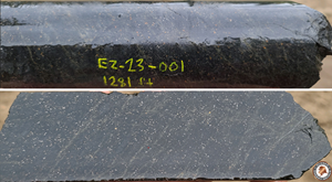 Example of Core Eureka Zone 2 mineralization: EZ-23-001: 390.2m – 390.4m