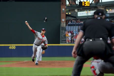 Washington Nationals starting pitcher Doug Fister (58) warms up with 1:30 on the inning break clock against the Atlanta Braves in the first inning at Turner Field in Atlanta, Georgia, in this April 27, 2015 file photo. Mandatory Credit: Brett Davis-USA TODAY Sport