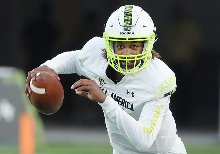 Quarterback Jaden Rashada runs with the ball during the Under Armour Next All-America Game at Camping World Stadium in Orlando, Florida, on Jan. 3, 2023. (Stephen M. Dowell/Orlando Sentinel/Tribune News Service via Getty Images)