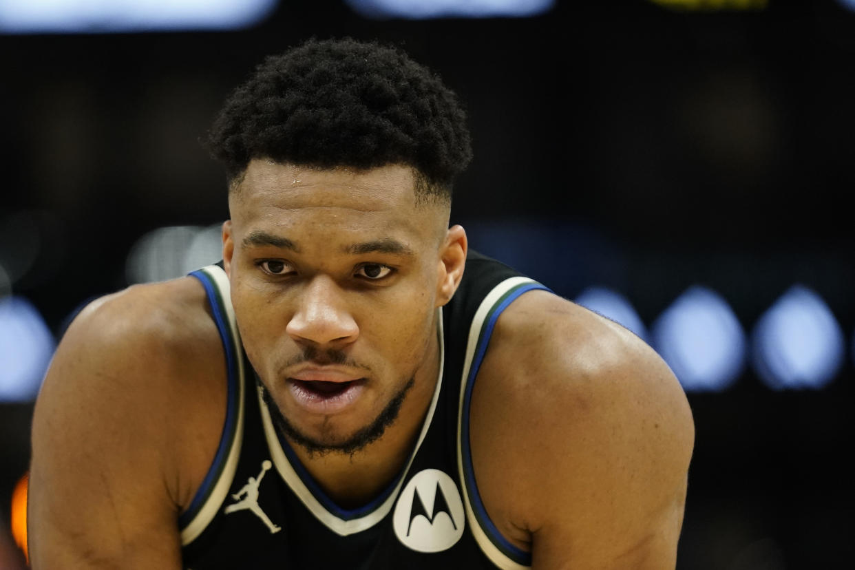 Milwaukee Bucks' Giannis Antetokounmpo during the second half of an NBA basketball game against the New York Knicks Sunday, April 7, 2024, in Milwaukee. (AP Photo/Aaron Gash)