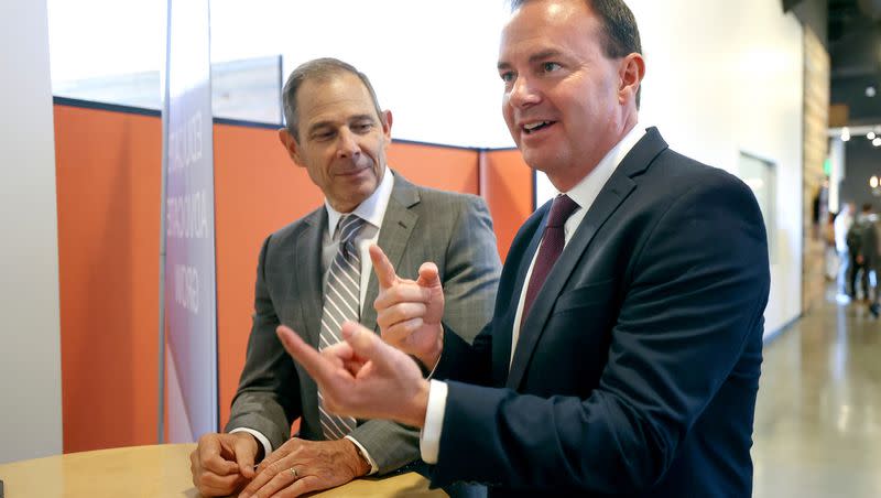 Rep. John Curtis, R-Utah, and Sen. Mike Lee, R-Utah, meet in Sandy on Aug. 18, 2022. Both were named in a recent report among the most effective lawmakers in Congress.