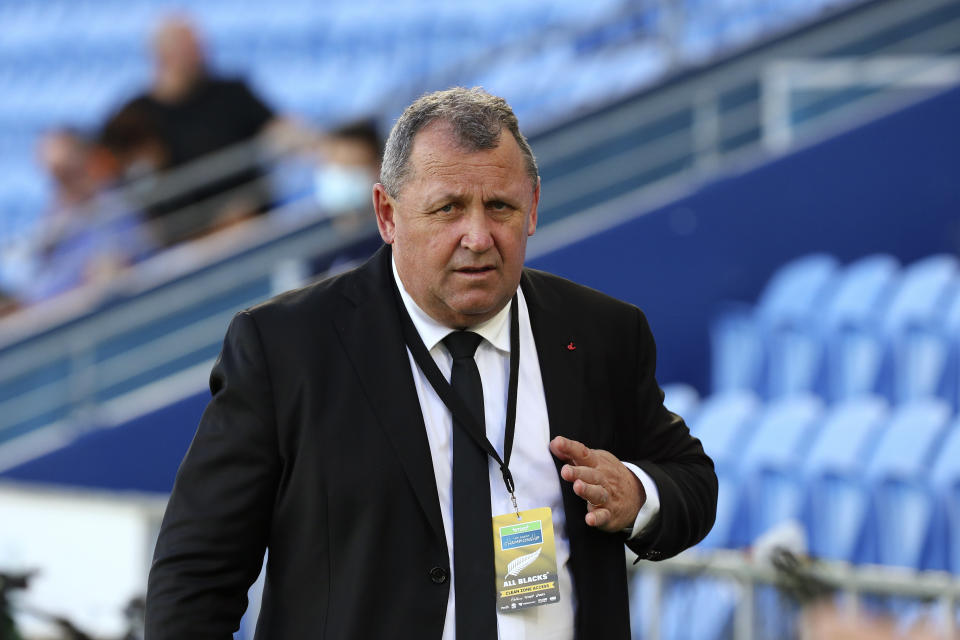 New Zealand head coach Ian Foster watches as his team prepares for their Rugby Championship match against Argentina on Sunday, Sept. 12, 2021, on the Gold Coast, Australia. (AP Photo/Tertuis Pickard)