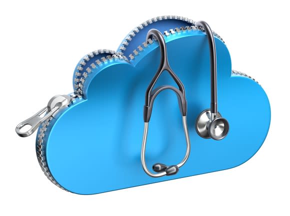 A cloud icon image being unzipped with a stethoscope hanging out.