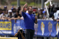Los Angeles Rams head coach Sean McVay speaks to fans prior to an NFL football practice Saturday, July 30, 2022, in Irvine, Calif. (AP Photo/Mark J. Terrill)