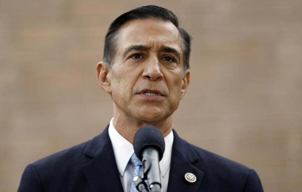 FILE - In this Sept. 26, 2019 file photo, former Republican congressman Darrell Issa speaks during a news conference in El Cajon, Calif. A fierce fight between Republican candidates has punctuated the race for the vacated seat of disgraced California GOP Rep. Duncan Hunter, who dropped out and resigned from Congress in January after pleading guilty to a corruption charge. The 50th district GOP front-runners are San Diego radio host and political commentator Carl DeMaio and former U.S. Rep. Darrell Issa, who retired from a neighboring district in 2018. Under California election rules, the top two vote-getters in Tuesday's primary advance to the general election, regardless of party affiliation. It's likely one is eliminated and the other faces off against the only Democrat in the field, 31-year-old former Obama administration official Ammar Campa-Najjar. (AP Photo/Gregory Bull, File)