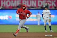 Aug 15, 2018; San Diego, CA, USA; Los Angeles Angels catcher Rene Rivera (44) rounds the bases on a solo home run d9i/ against the San Diego Padres at Petco Park. Mandatory Credit: Jake Roth-USA TODAY Sports