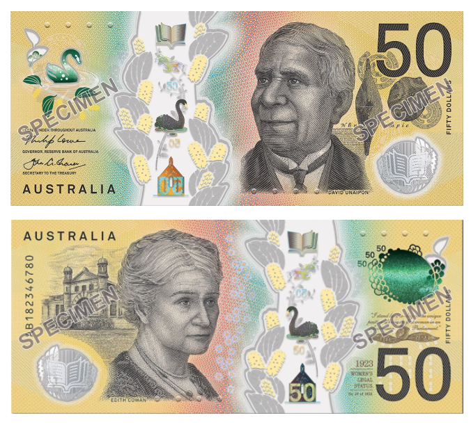 <strong>Billete de 50 dólares australianos (US$38).</strong> <em>Imagen de la web de la Sociedad Internacional de Billetes Bancarias (IBNS, por su iniciales en inglés). Cortesía del The Banknote Book</em>.