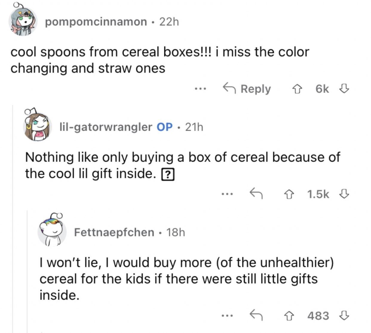 Reddit screenshot about how cool spoons used to be packed into cereal boxes.