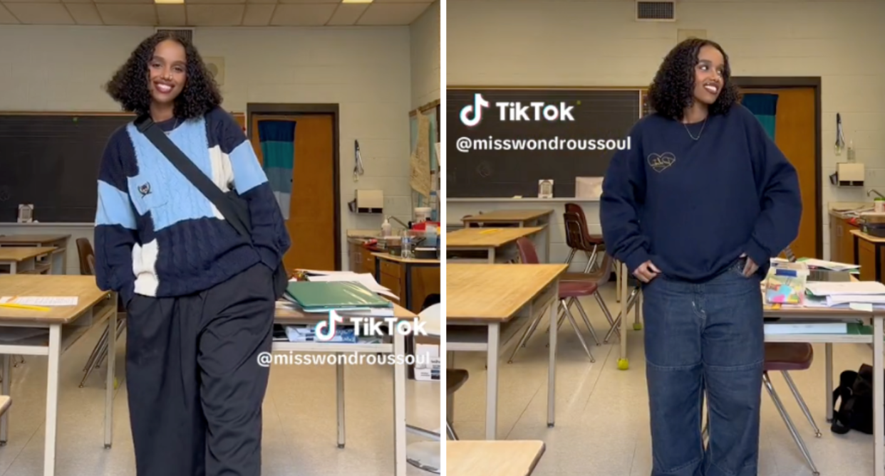 Zahra Hassan is a middle school teacher whose viral outfits have taken over TikTok. Images via TikTok/@misswondroussoul.