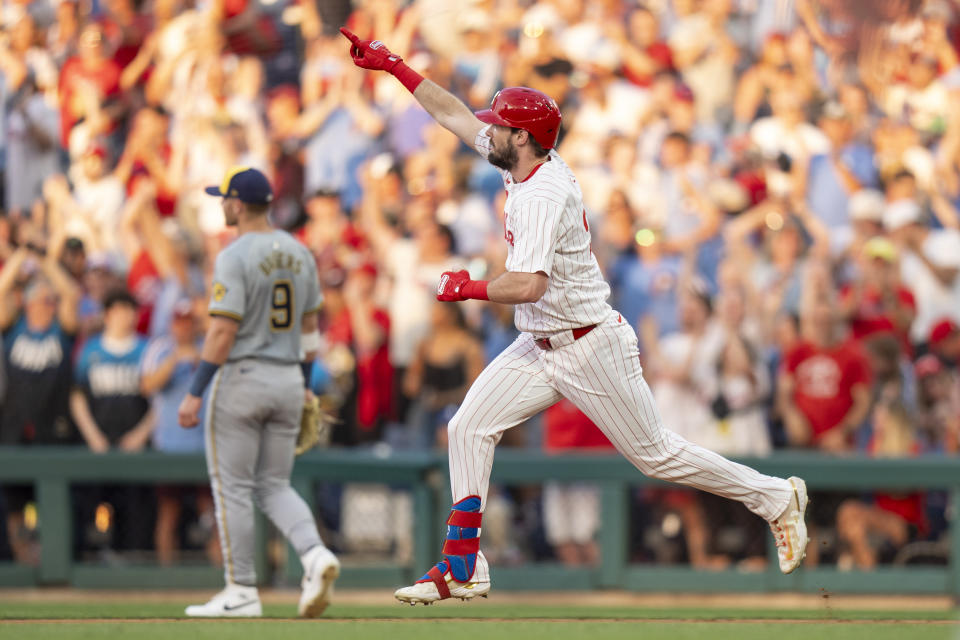 Philadelphia Phillies' David Dahl reacts after his home run during the fourth inning of a baseball game against the Milwaukee Brewers, Monday, June 3, 2024, in Philadelphia. (AP Photo/Chris Szagola)