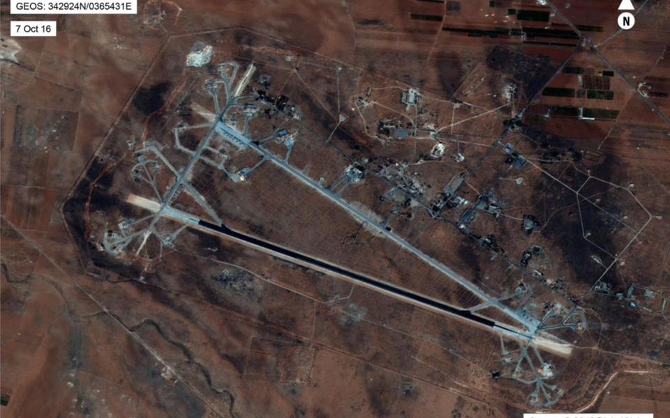 An aerial view of the al-Shayrat Airfield near Homs, Syria, which was hit by US cruise missiles on Friday - Credit: US department of defence