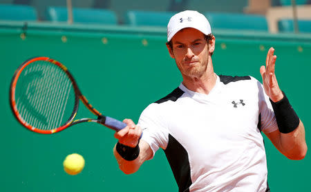 Tennis - Monte Carlo Masters - Monaco, 15/04/2016. Andy Murray of Britain plays a shot to Milos Raonic of Canada. REUTERS/Eric Gaillard