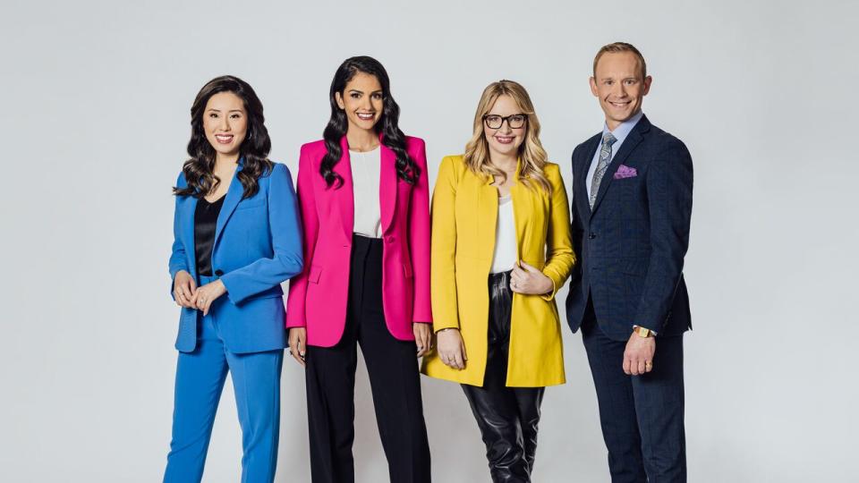 From left, hosts Lien Yeung, Anita Bathe, meteorologist Johanna Wagstaffe and host Dan Burritt are part of the CBC News team in Vancouver.