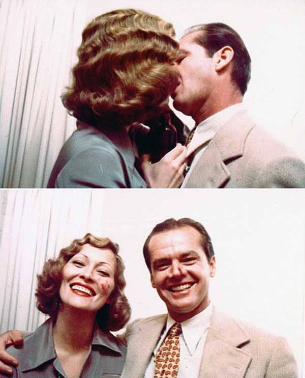 <p>Faye Dunaway and Jack Nicholson having fun with fake blood.</p>