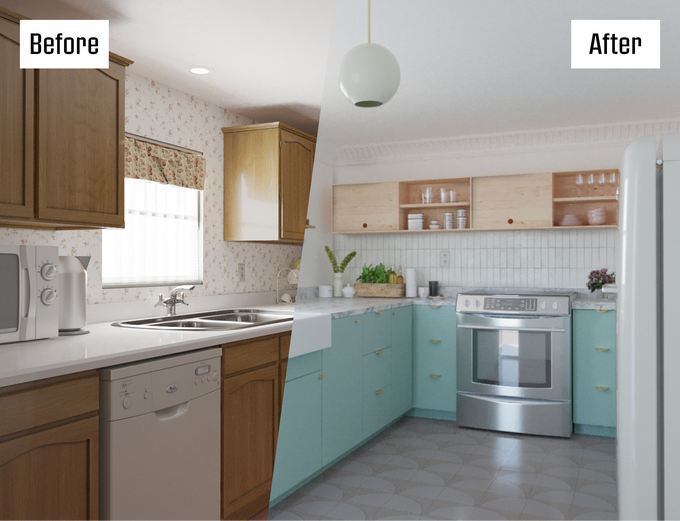 outfit before and after kitchen renovation