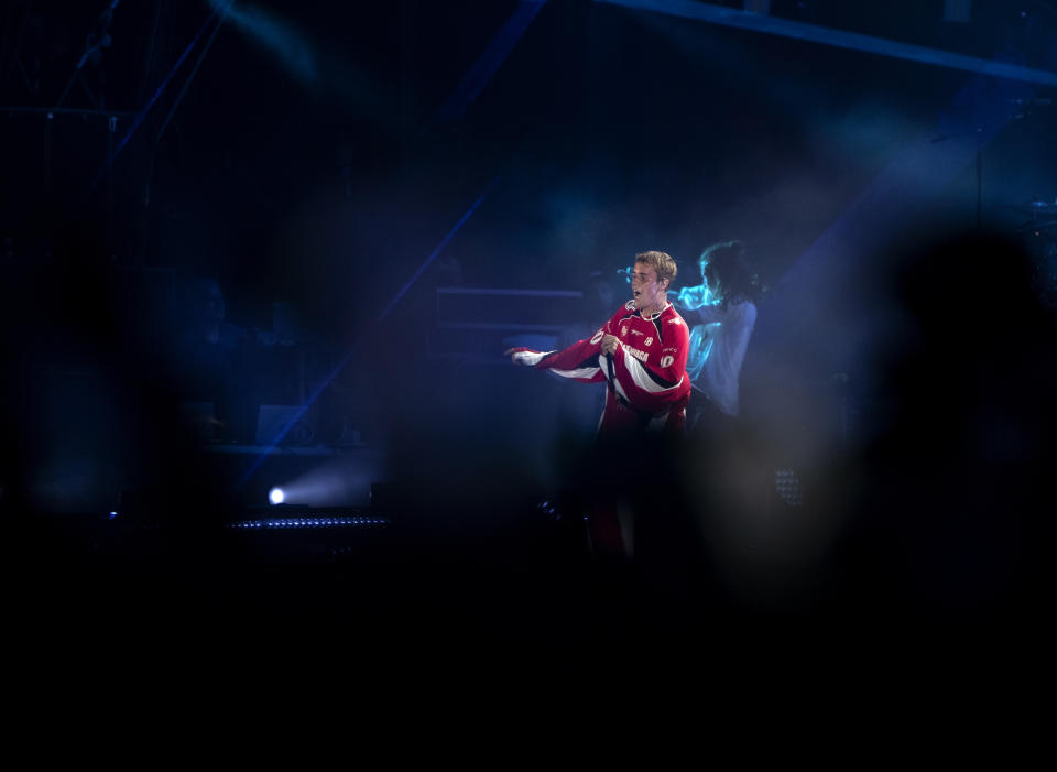 Canadian pop star Justin Bieber performs at a concert marking the end of Formula One, in Jiddah, Saudi Arabia, Sunday, Dec. 5, 2021. (AP Photo/Amr Nabil)