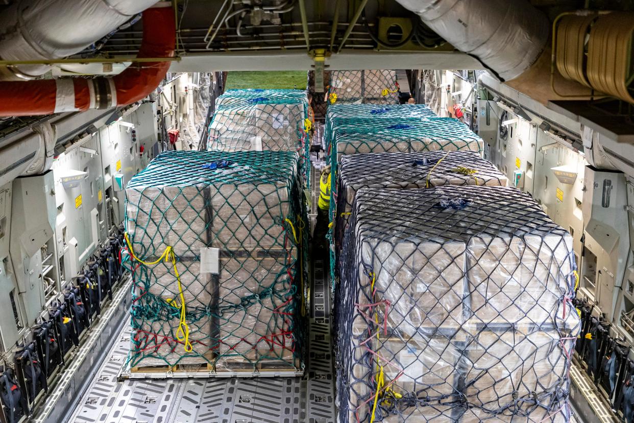 Gaza aid on board a Royal Air Force C-17 aircraft before it is sent to Egypt (EPA)