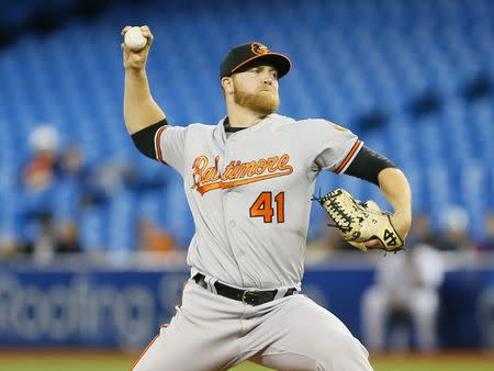 Apr 1, 2019; Toronto, Ontario, CAN; Baltimore Orioles starting pitcher David Hess (41) pitches to the Toronto Blue Jays during the second inning at Rogers Centre. Mandatory Credit: John E. Sokolowski-USA TODAY Sports