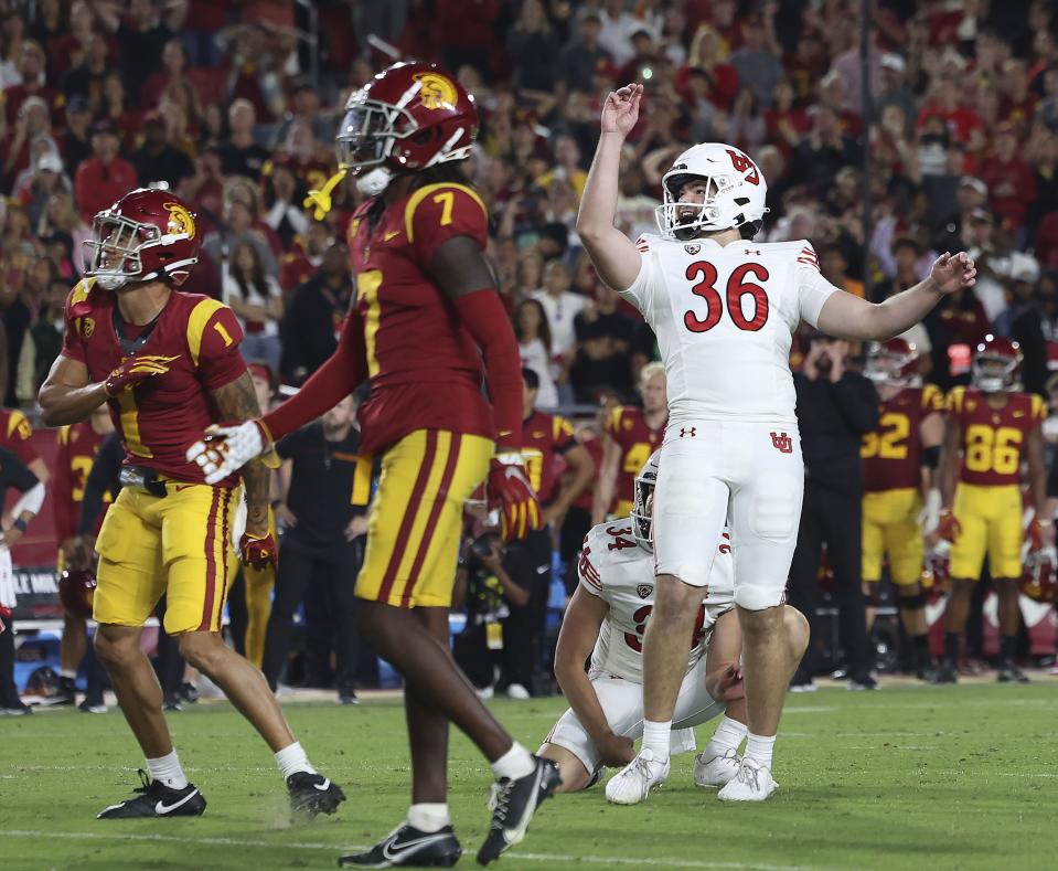 Utah Utes place kicker Cole Becker (36) watches as his field goal attempt goes in and wins the game against the USC Trojans at the Los Angeles Memorial Coliseum on Saturday, Oct. 21, 2023. | Laura Seitz, Deseret News