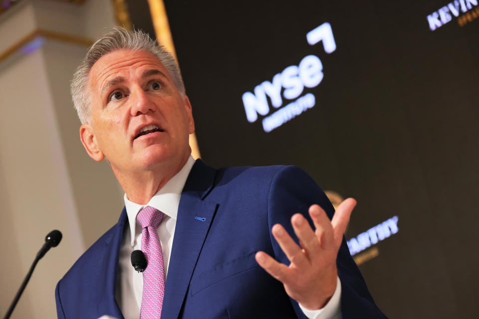 NEW YORK, NEW YORK - APRIL 17: Speaker of the House Kevin McCarthy (R-CA) delivers a speech about the economy at the New York Stock Exchange (NYSE) on April 17, 2023 in New York City. Speaker McCarthy visited the NYSE to talk about the state of the economy and the conditions Republicans want Democrats to agree on, in exchange for lifting the federal debt ceiling. One condition proposed would expand the age range of the work requirement for low-income people to participate in the Supplemental Nutrition Food Assistance Program (SNAP). The federal government faces a historic default this summer if Congress fails to act, according to warnings from nonpartisan forecasters. (Photo by Michael M. Santiago/Getty Images)