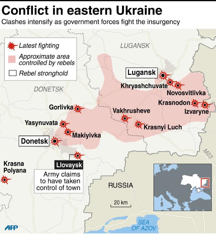 Updated map of eastern Ukraine showing developments in the conflict between the army and pro-Russian rebels