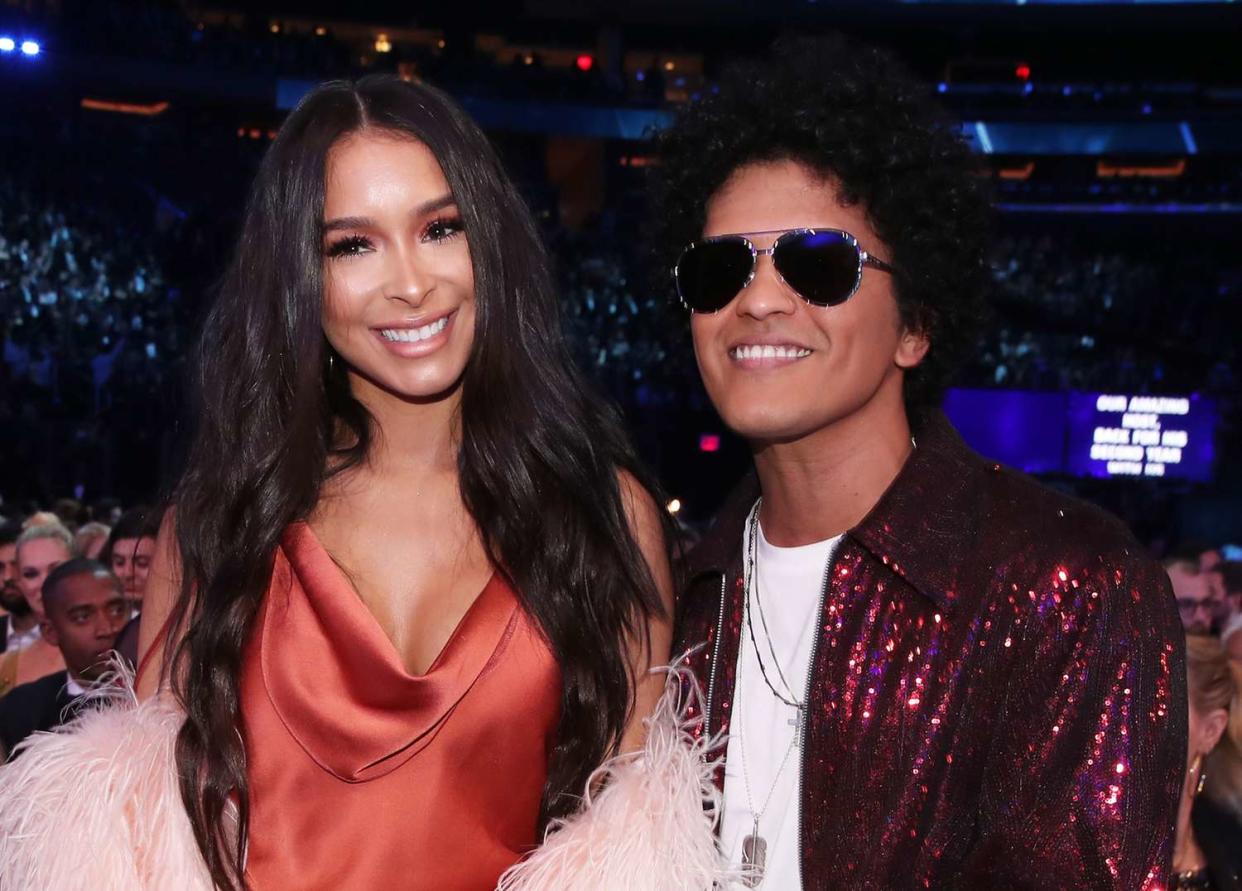 Jessica Caban (L) and recording artist Bruno Mars attend the 60th Annual GRAMMY Awards at Madison Square Garden on January 28, 2018 in New York City