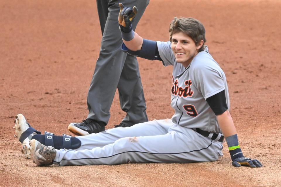 Tigers third baseman Nick Maton celebrates his RBI double in the third inning against the Guardians on Monday, May 8, 2023, in Cleveland.