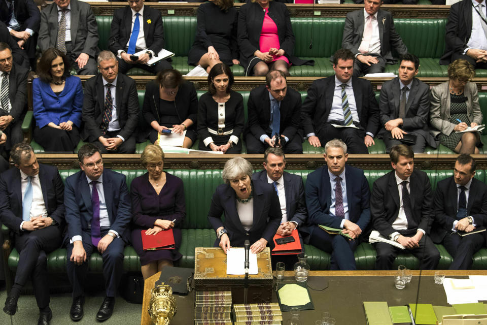 BTheresa May speaks in the House of Commons. (Mark Duffy/UK Parliament via AP)