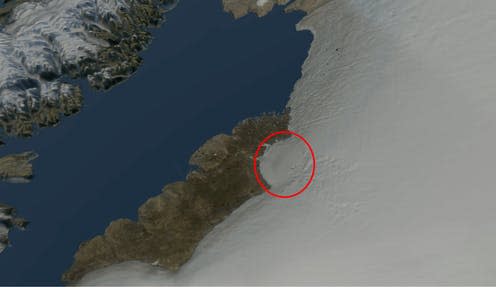 <span class="caption">An ice-sheet in Greenland's Inglefield Land is hiding the Hiawatha crater.</span> <span class="attribution"><span class="source">Natural History Museum of Denmark, Cryospheric Sciences Lab, NASA Goddard Space Flight Center, Greenbelt, MD, USA</span></span>