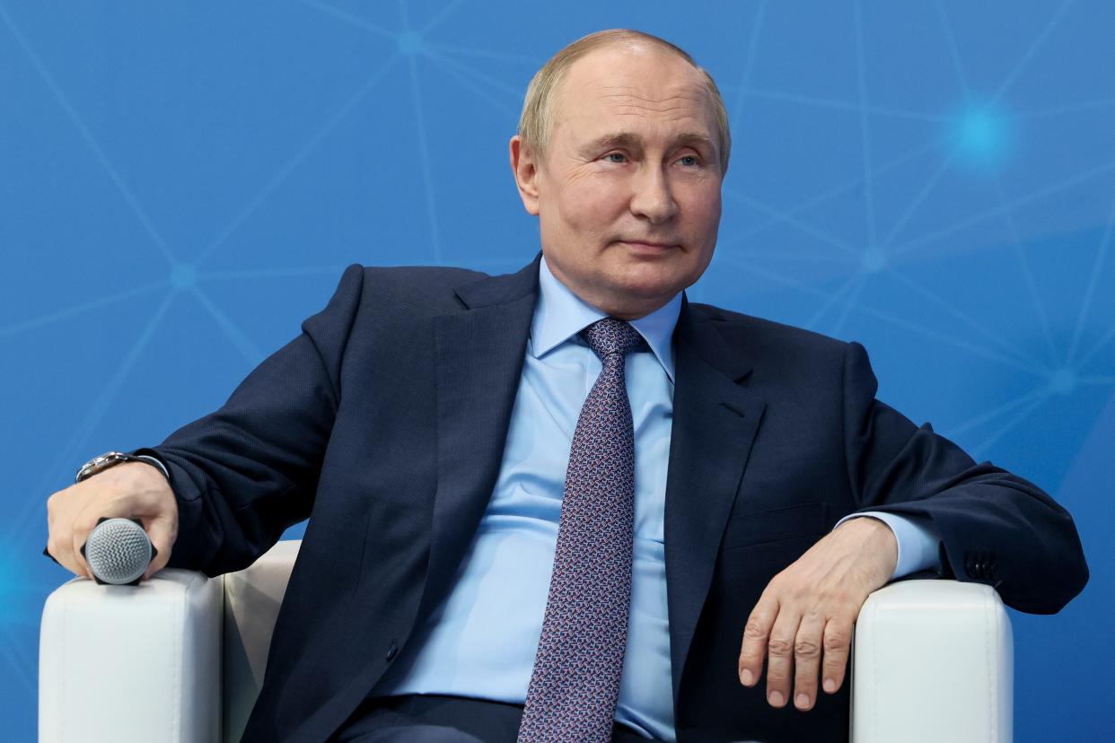 Russian President Vladimir Putin attends a meeting with young entrepreneurs and startup developers on the eve of the St. Petersburg International Economic Forum (SPIEF), at the Technograd Training Complex in Moscow, Russia, Thursday, June 9, 2022.