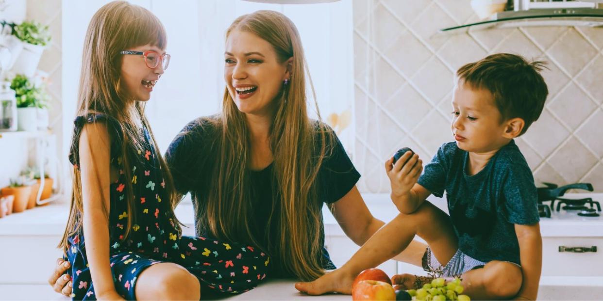 mom in kitchen with kids - toddler dinner