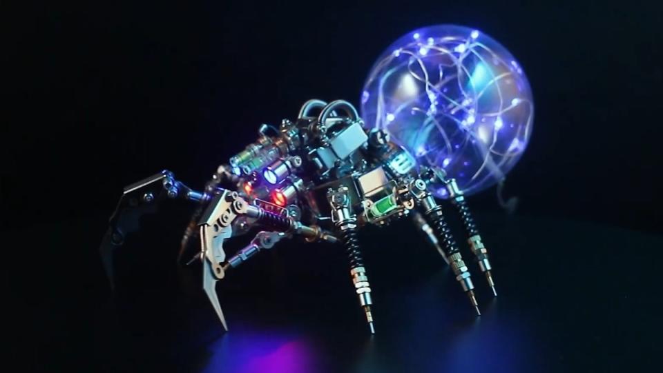 A lamp in the shape of a robotic spider