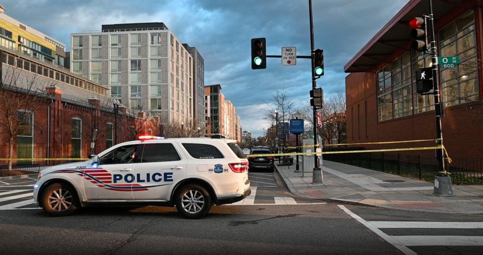 PHOTO: Police in Washington D.C. investigate a shooting on March 17, 2024, that left two people dead and five injured near the Logan Circle neighborhood in the northwest part of the city. (Kyle Mazza/UNF News)