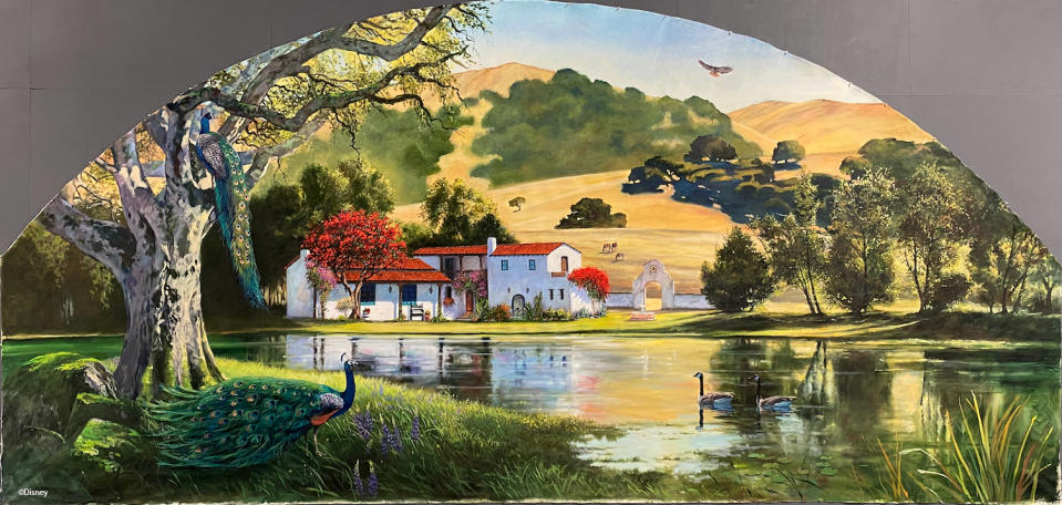 A mural by artist Leslee Turnbull shows the concept art behind the Disneyland Imagineer's Magic Key Terrace redesign (Disneyland Resort, Courtesy).