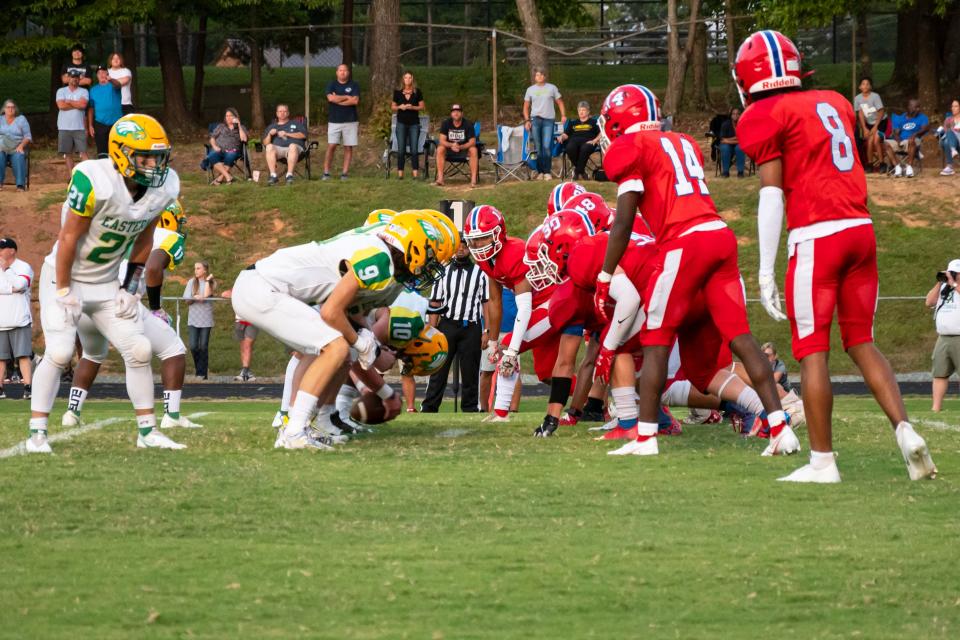 Southern Alamance High School football team lines up against Eastern Alamance for a Friday night in Graham, NC on September 17, 2021.