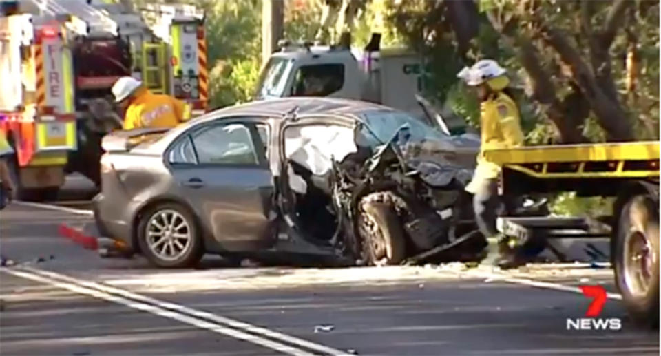 The driver and sole occupant of the dark coloured sedan was killed instantly when it is believed he veered out of control and crossed to the wrong side of the road. Source: 7 News