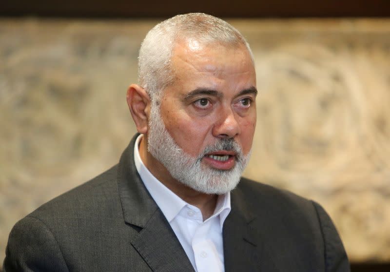 Palestinian group Hamas' top leader, Ismail Haniyeh talks after meeting with Lebanese Parliament Speaker Nabih Berri in Beirut