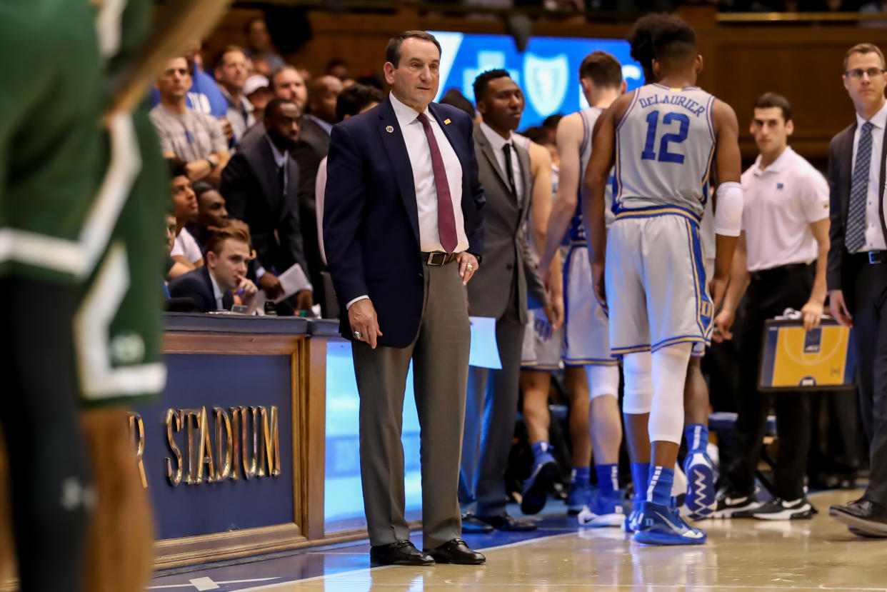 Duke head coach Mike Krzyzewski accidentally committed an NCAA violation by mentioning a recruit who hadn’t yet officially signed with the Blue Devils on Friday. (Photo by John McCreary/Icon Sportswire via Getty Images)