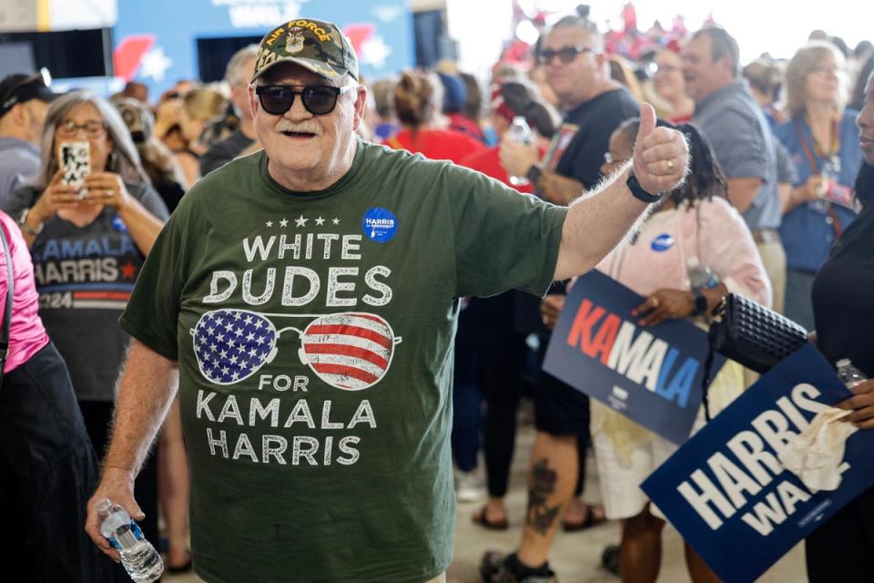 White Dudes for Harris has garnered mass support after their star-studded fundraiser call last month (AFP via Getty Images)