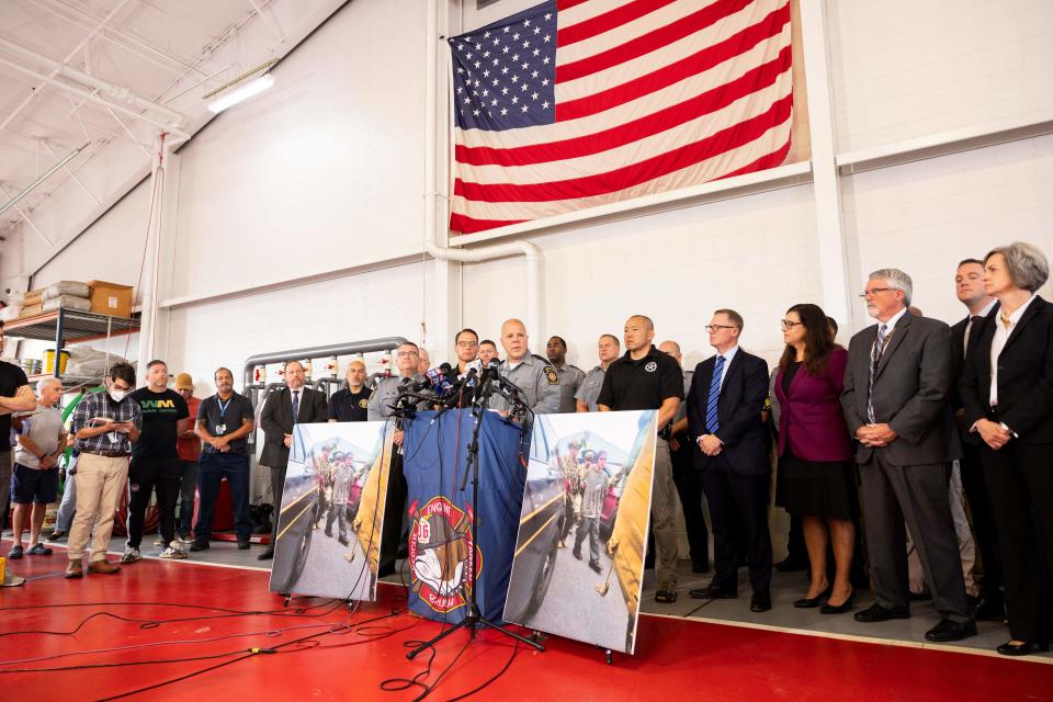Pennsylvania State Police Lt. Col. George Bivens speaks to the media along with Pennsylvania Gov. Josh Shapiro at a press conference held at the Po-Mar-Lin Fire Company after the capture of escaped convict Danelo Cavalcante in Unionville, Pa., on Wednesday, Sept. 13, 2023.