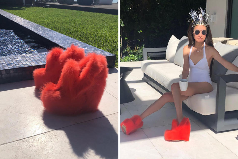 L: Bottega Veneta fluffy pump shoes. R: Vera Wang in a white swimsuit and Bottega Veneta fluffy orange pump shoes.