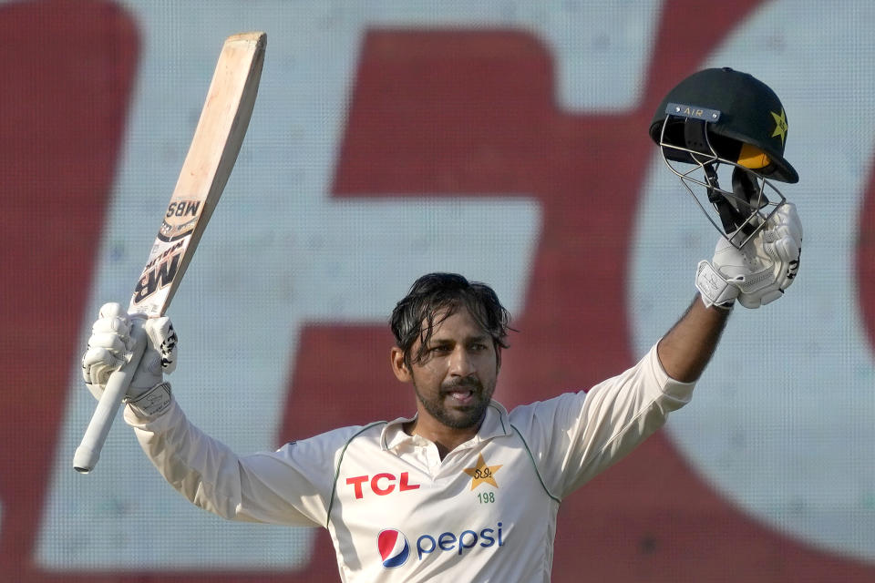 Pakistan's Sarfraz Ahmed celebrates after scoring century during the fifth day of the second test cricket match between Pakistan and New Zealand, in Karachi, Pakistan, Friday, Jan. 6, 2023. (AP Photo/Fareed Khan)