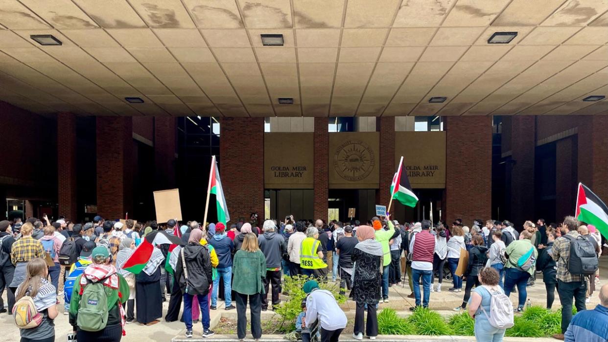 <div>The pro-Palestine rally was held outside the Golda Meir Library.</div>