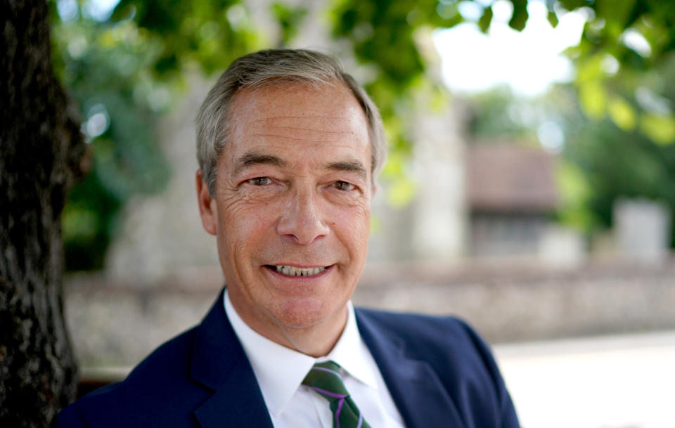 Former Ukip leader Nigel Farage in his local village near Westerham, Kent, following the resignation of NatWest chief executive Dame Alison Rose after she admitted to being the source of an inaccurate story about Mr Farage's finances. Picture date: Wednesday July 26, 2023. (Photo by Gareth Fuller/PA Images via Getty Images)